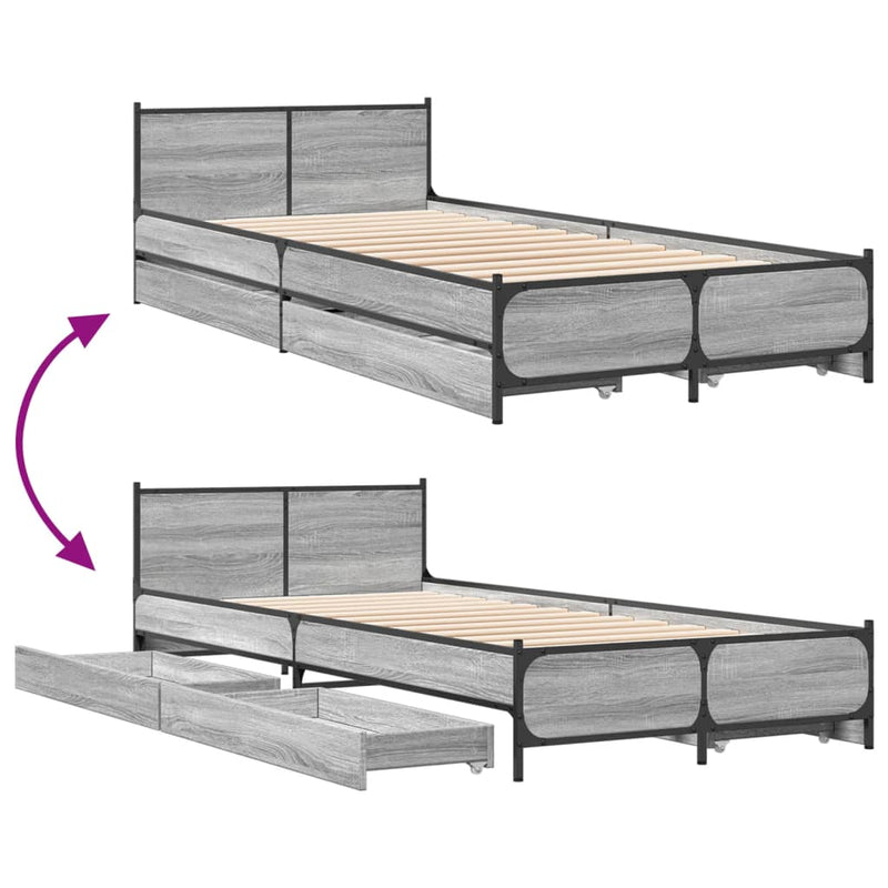 vidaXL szürke sonoma színű szerelt fa ágykeret fiókokkal 100 x 200 cm