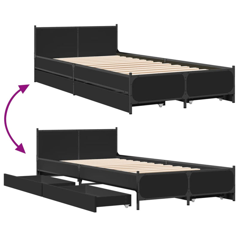 vidaXL fekete szerelt fa ágykeret fiókokkal 75x190 cm