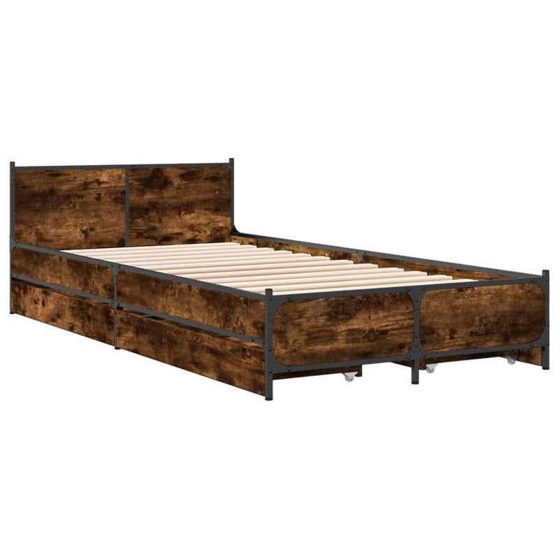 vidaXL füstös tölgy színű szerelt fa ágykeret fiókokkal 75x190 cm