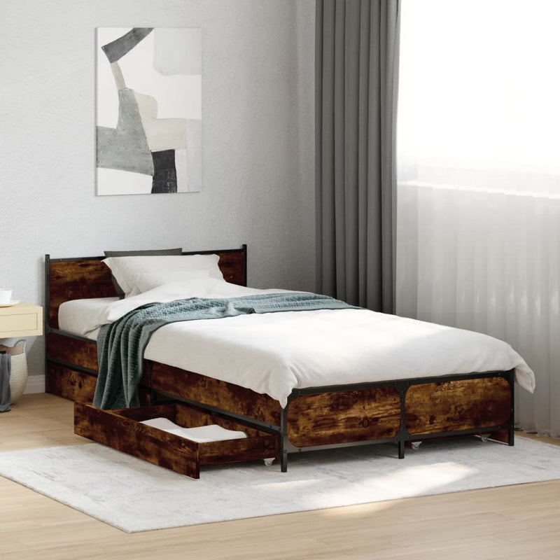 vidaXL füstös tölgy színű szerelt fa ágykeret fiókokkal 75x190 cm