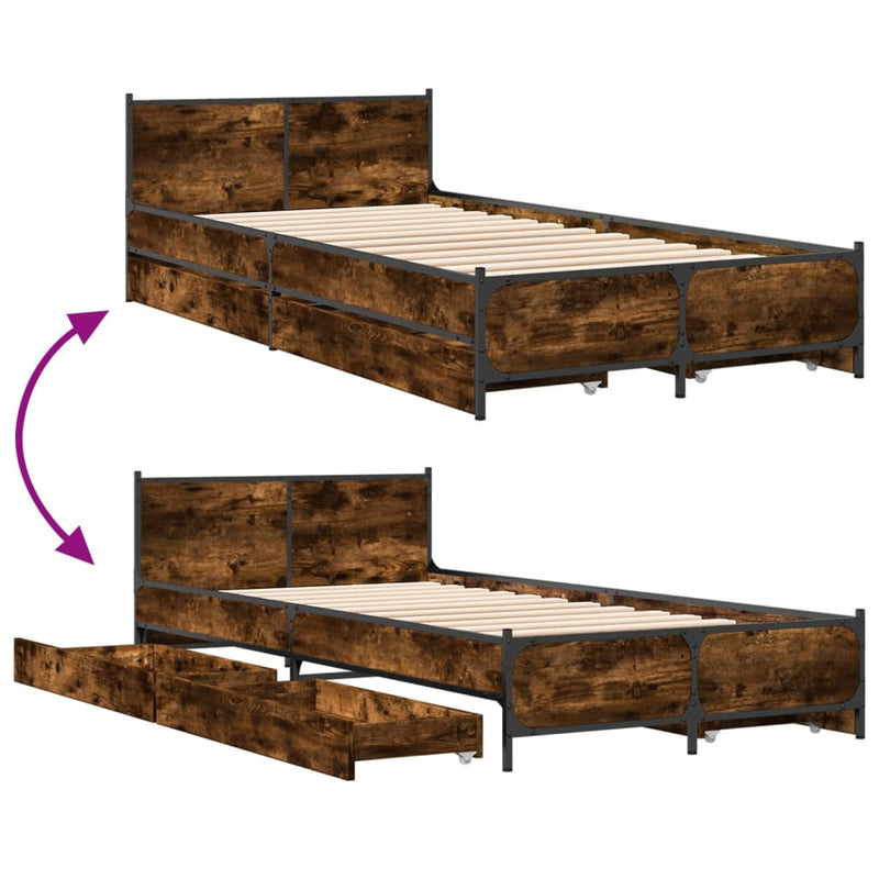 vidaXL füstös tölgy színű szerelt fa ágykeret fiókokkal 75x190 cm