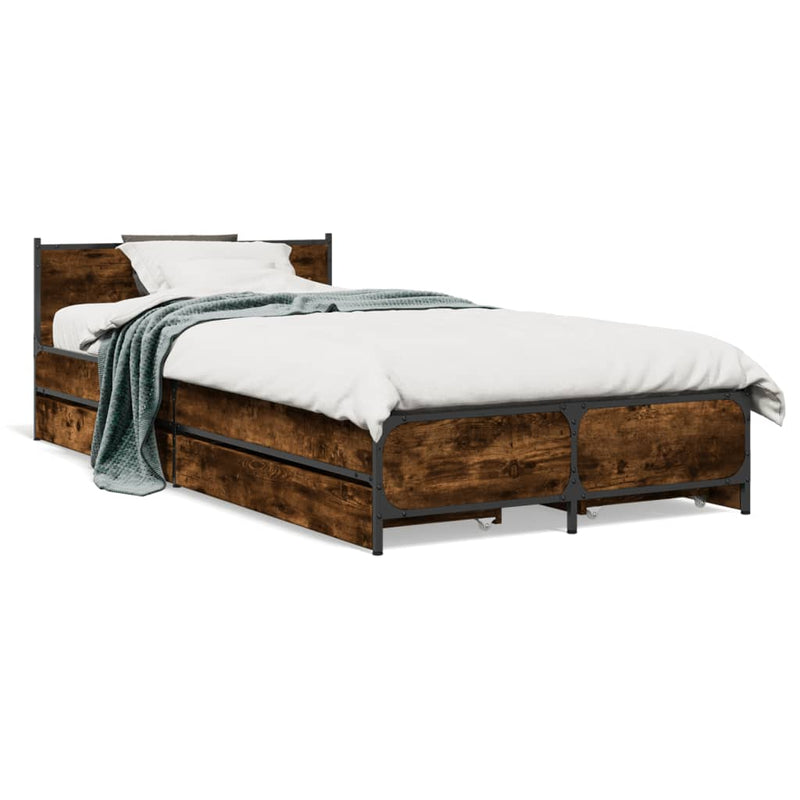 vidaXL füstös tölgy színű szerelt fa ágykeret fiókokkal 75x190 cm