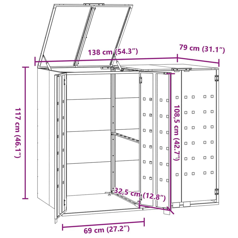 vidaXL fekete acél kerekes tároló 2 szemeteskukához 138 x 79 x 117 cm