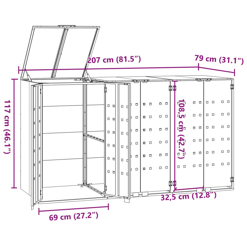 vidaXL fekete acél kerekes tároló 3 szemeteskukához 207 x 79 x 117 cm