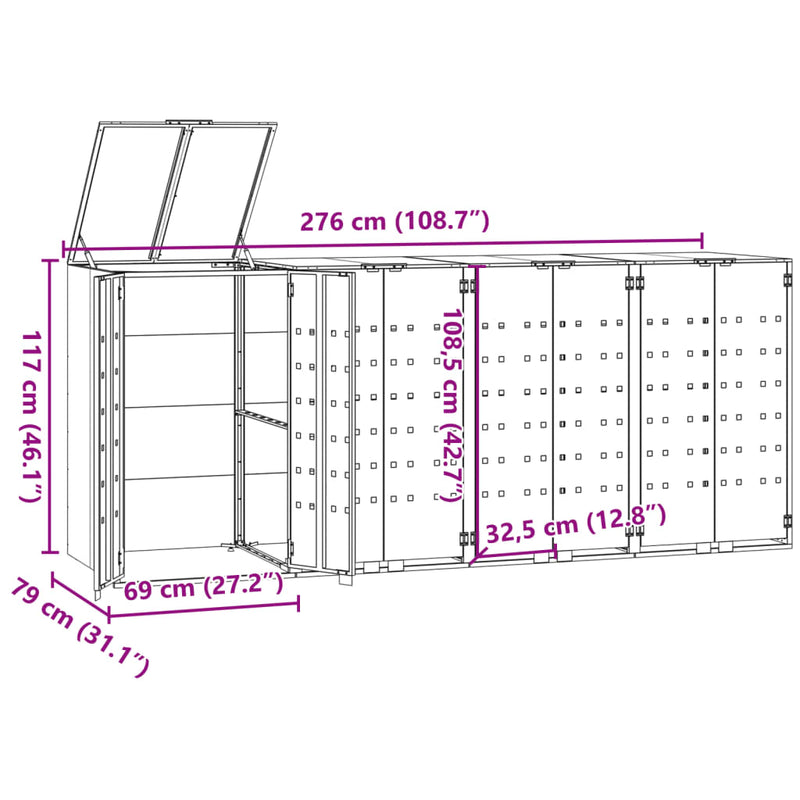 vidaXL fekete acél kerekes tároló 4 szemeteskukához 276 x 79 x 117 cm