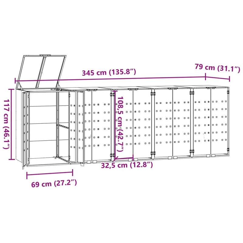 vidaXL fekete acél kerekes tároló 5 szemeteskukához 345 x 79 x 117 cm