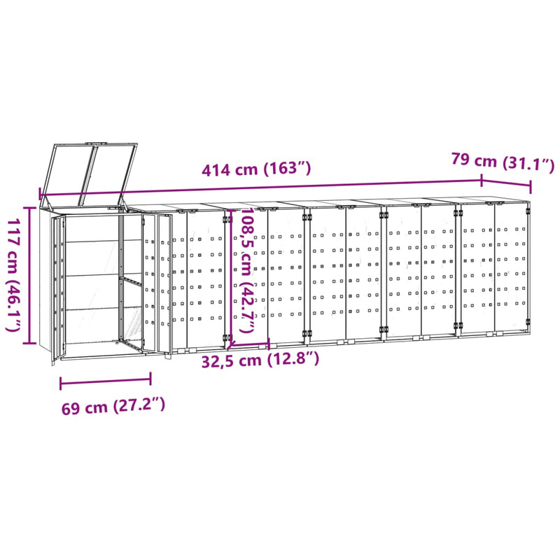 vidaXL fekete acél kerekes tároló 6 szemeteskukához 414 x 79 x 117 cm