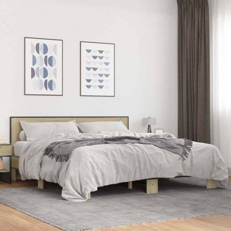 vidaXL sonoma tölgyszínű szerelt fa és fém ágykeret 200 x 200 cm