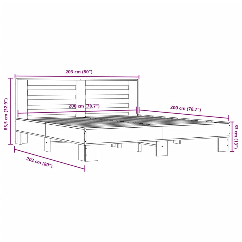 vidaXL sonoma tölgyszínű szerelt fa és fém ágykeret 200 x 200 cm