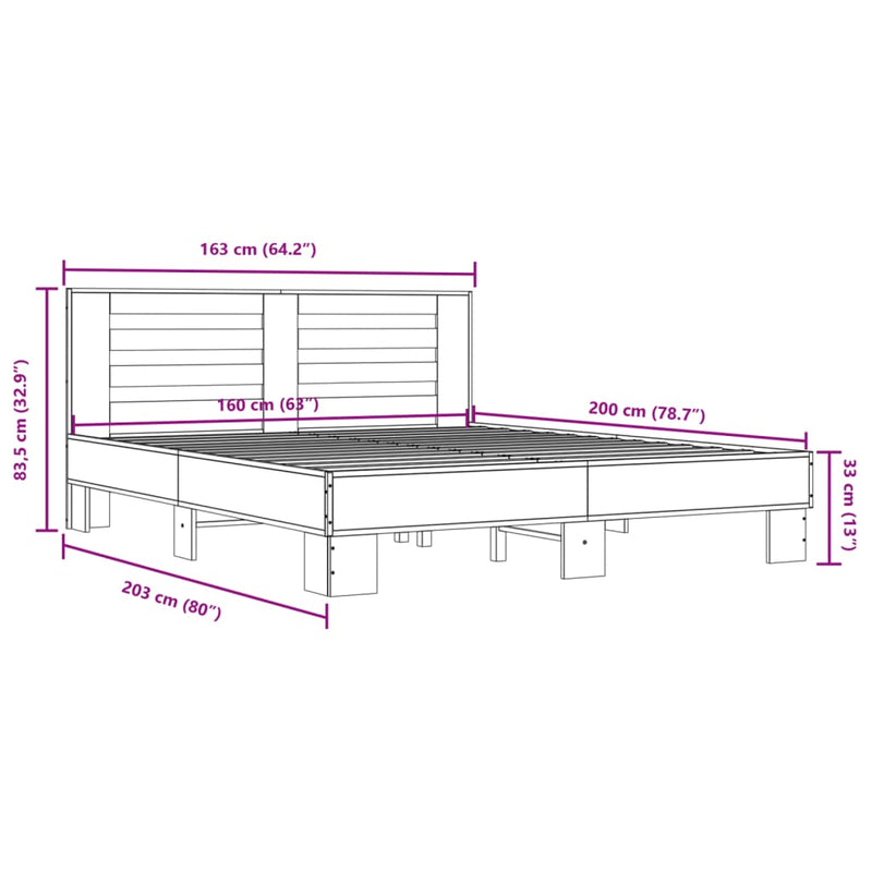 vidaXL sonoma tölgyszínű szerelt fa és fém ágykeret 160 x 200 cm