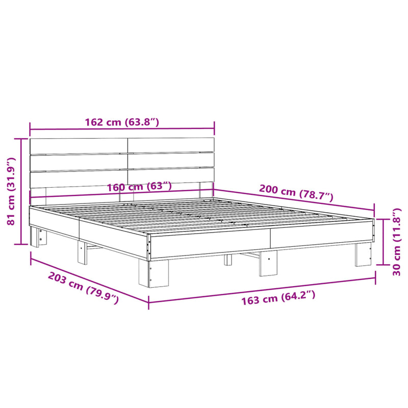 vidaXL sonoma tölgyszínű szerelt fa és fém ágykeret 160 x 200 cm
