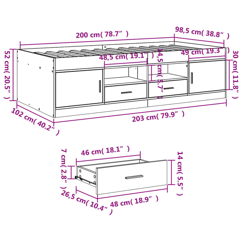 vidaXL szürke sonoma kanapéágy fiókkal matrac nélkül 100x200 cm
