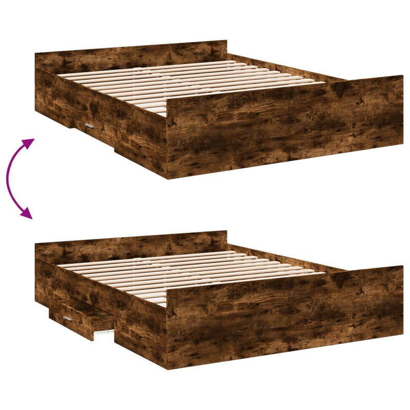 vidaXL füstös tölgy színű szerelt fa ágykeret fiókokkal 160 x 200 cm