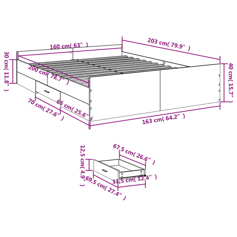 vidaXL füstös tölgy színű szerelt fa ágykeret fiókokkal 160 x 200 cm