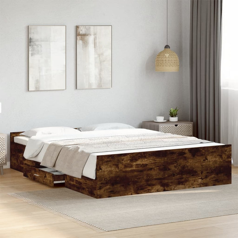vidaXL füstös tölgy színű szerelt fa ágykeret fiókokkal 140x200 cm