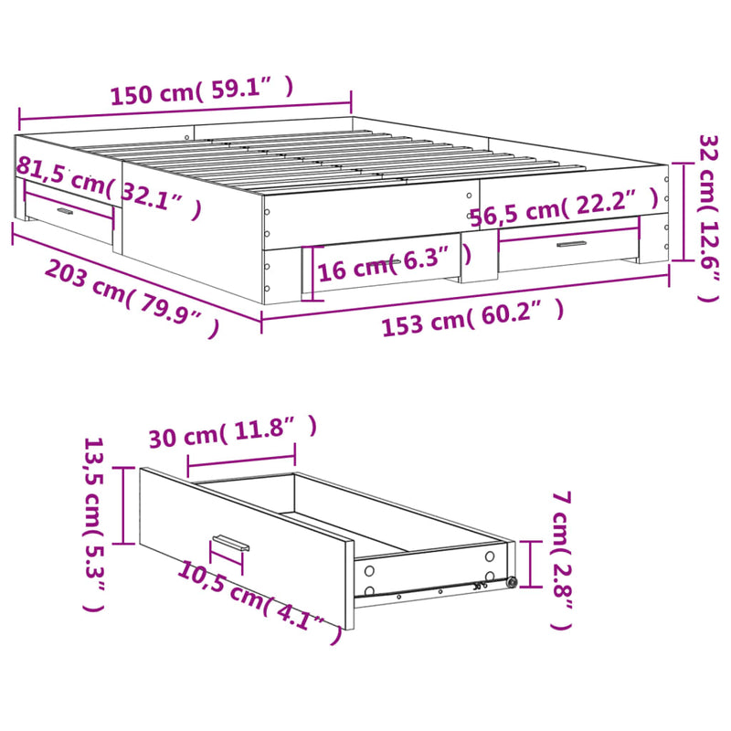 vidaXL betonszürke szerelt fa ágykeret fiókokkal 150 x 200 cm