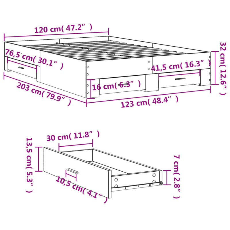 vidaXL sonoma tölgy színű szerelt fa ágykeret fiókokkal 120 x 200 cm