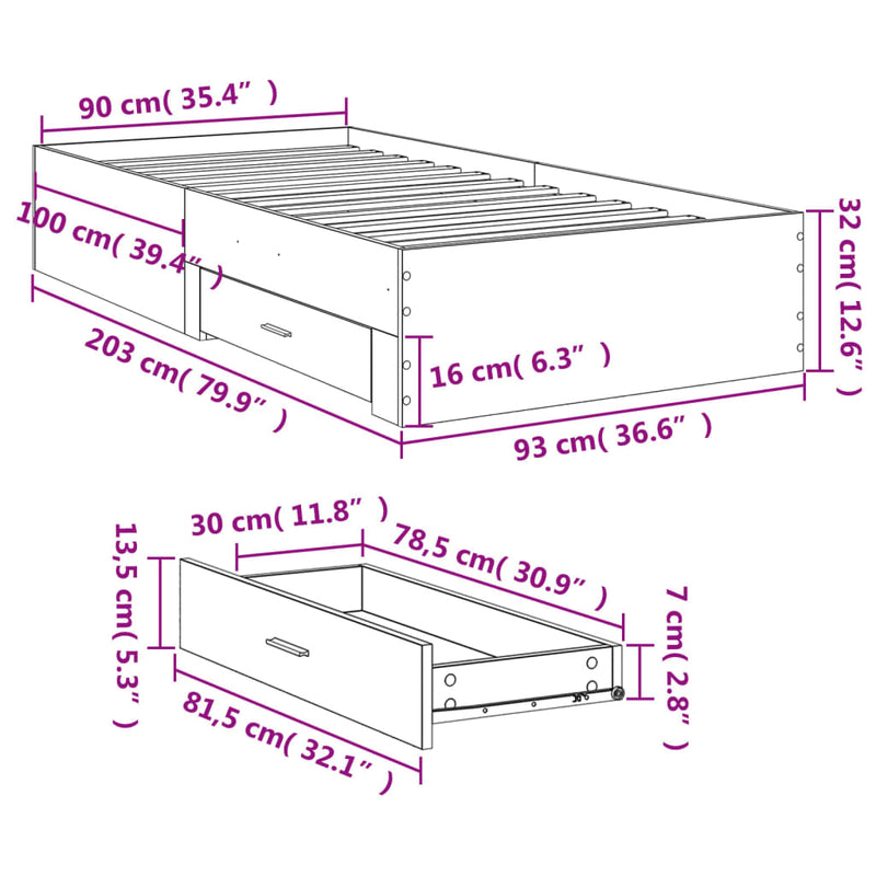 vidaXL fehér szerelt fa ágykeret fiókokkal 90 x 200 cm