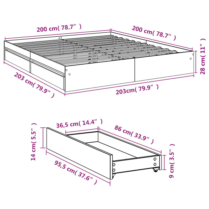 vidaXL füstös tölgy színű szerelt fa ágykeret fiókokkal 200 x 200 cm
