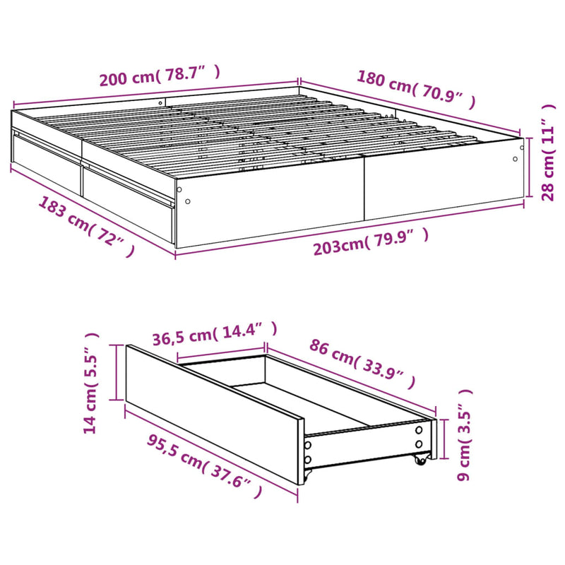 vidaXL szürke sonoma színű szerelt fa ágykeret fiókokkal 180 x 200 cm