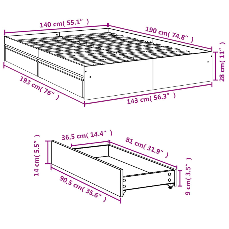 vidaXL betonszürke szerelt fa ágykeret fiókokkal 140 x 190 cm