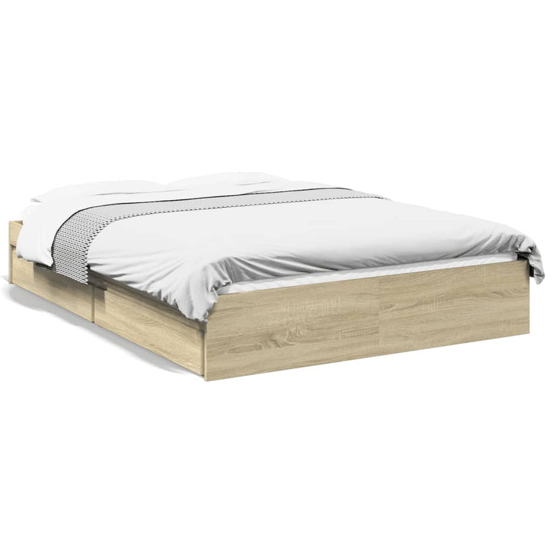 vidaXL sonoma tölgy színű szerelt fa ágykeret fiókokkal 135 x 190 cm