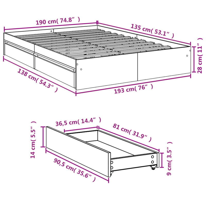 vidaXL sonoma tölgy színű szerelt fa ágykeret fiókokkal 135 x 190 cm