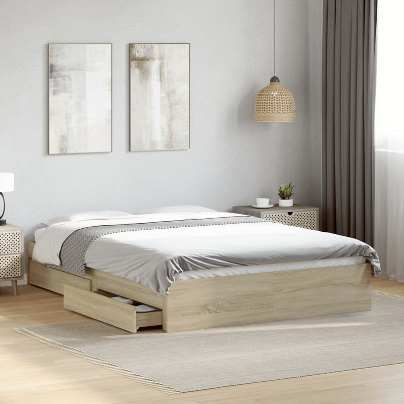 vidaXL sonoma tölgy színű szerelt fa ágykeret fiókokkal 135 x 190 cm