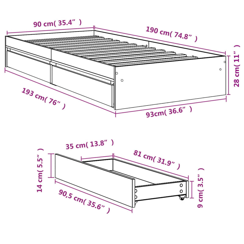 vidaXL sonoma tölgy színű szerelt fa ágykeret fiókokkal 90 x 190 cm
