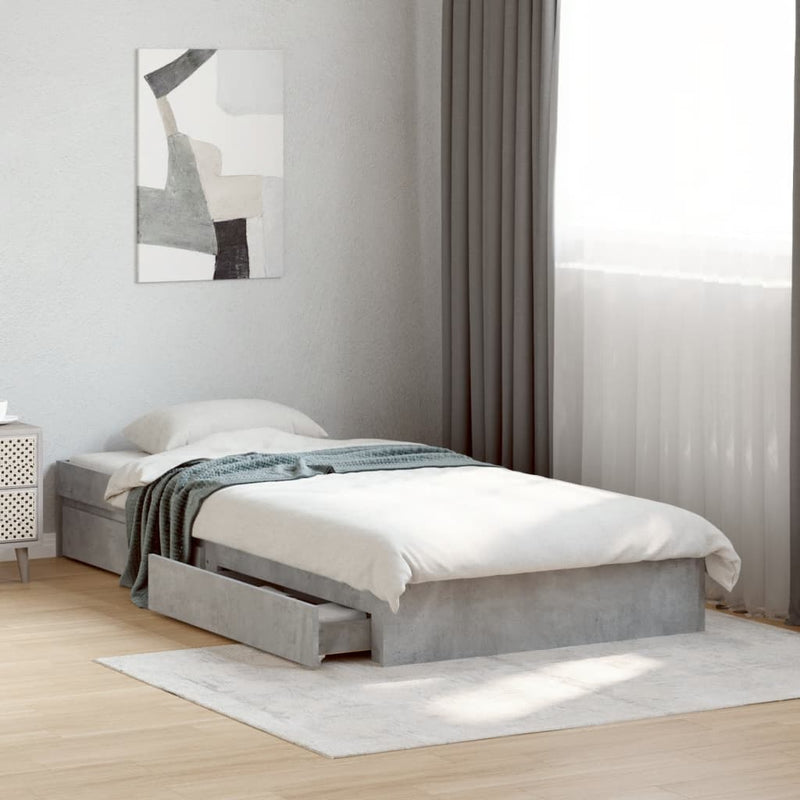 vidaXL betonszürke szerelt fa ágykeret fiókokkal 90 x 190 cm