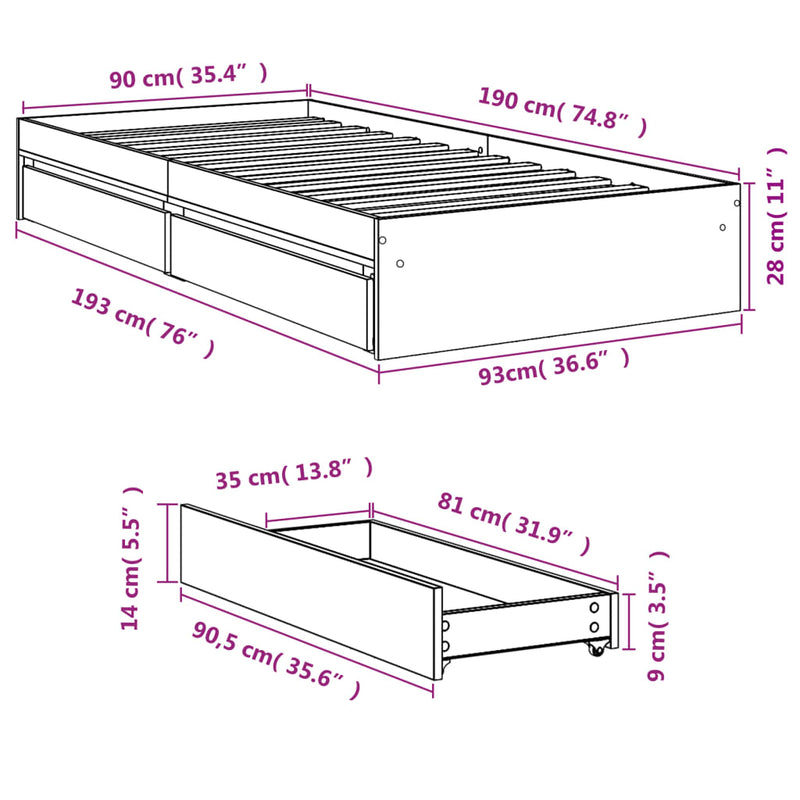 vidaXL betonszürke szerelt fa ágykeret fiókokkal 90 x 190 cm