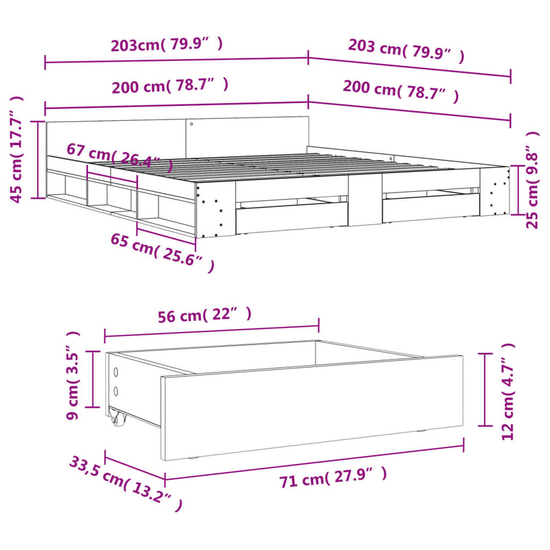 vidaXL fehér szerelt fa ágykeret fiókokkal 200 x 200 cm