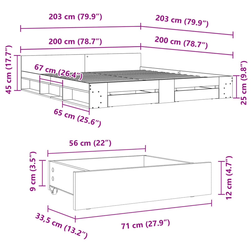 vidaXL füstös tölgy színű szerelt fa ágykeret fiókokkal 200 x 200 cm