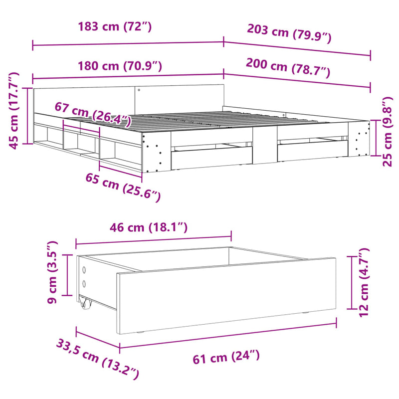 vidaXL sonoma tölgy színű szerelt fa ágykeret fiókokkal 180 x 200 cm