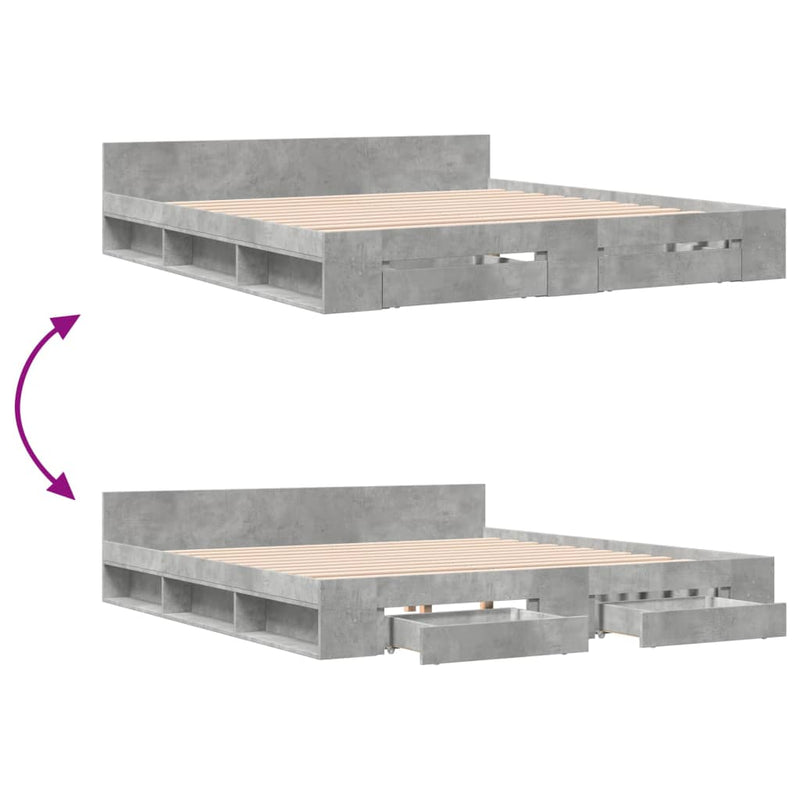 vidaXL betonszürke szerelt fa ágykeret fiókokkal 180 x 200 cm