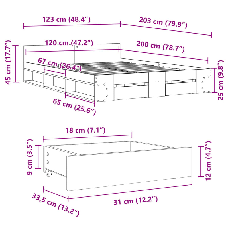 vidaXL fehér szerelt fa ágykeret fiókkal 120 x 200 cm