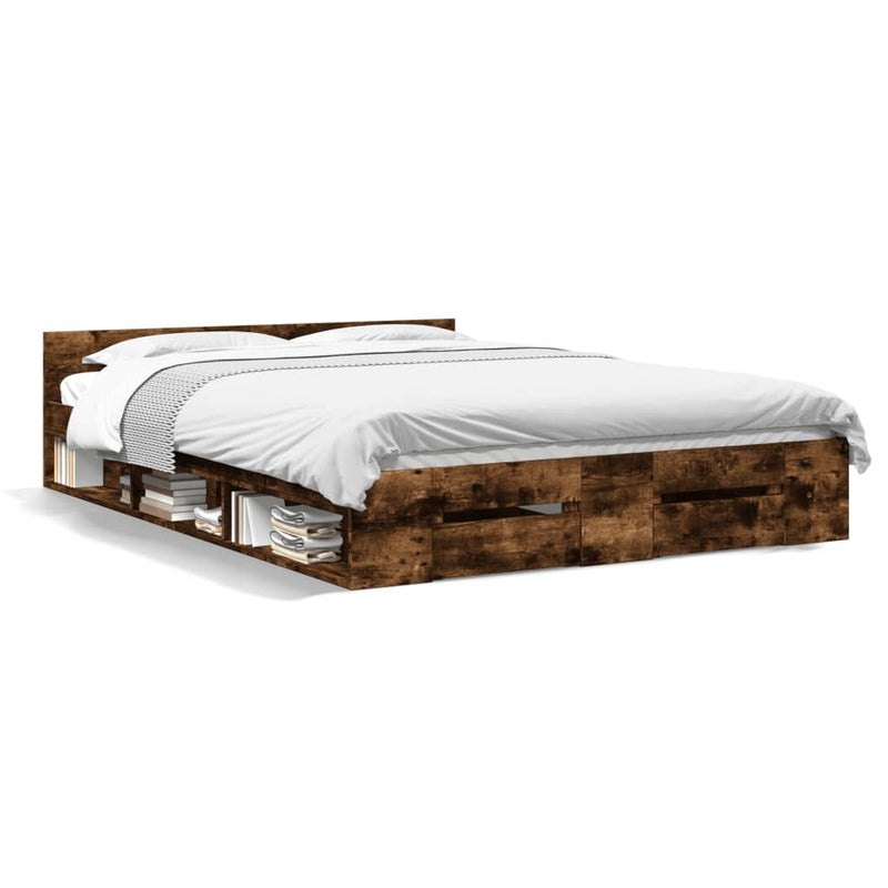vidaXL füstös tölgy színű szerelt fa ágykeret fiókokkal 135 x 190 cm