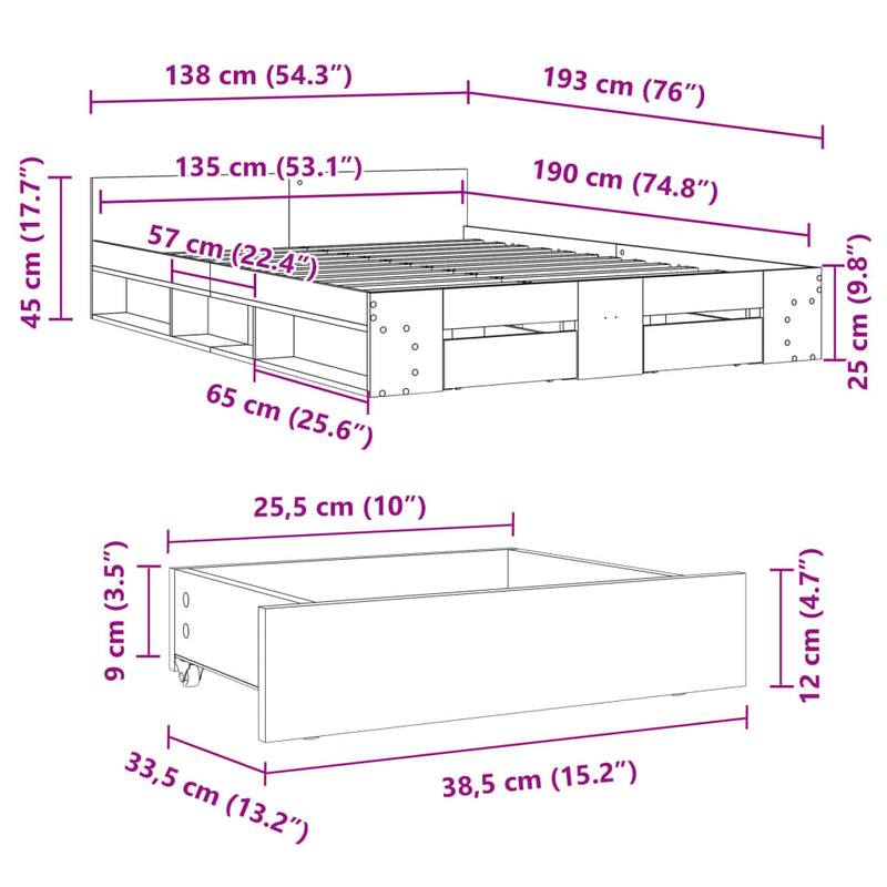 vidaXL füstös tölgy színű szerelt fa ágykeret fiókokkal 135 x 190 cm