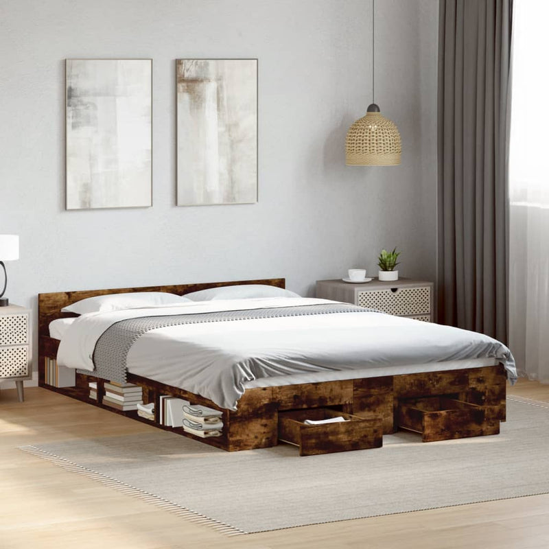 vidaXL füstös tölgy színű szerelt fa ágykeret fiókokkal 135 x 190 cm