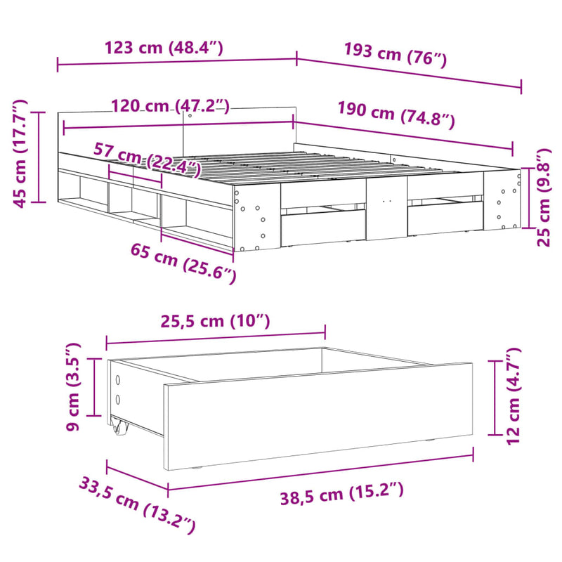 vidaXL füstös tölgy színű szerelt fa ágykeret fiókokkal 120 x 190 cm