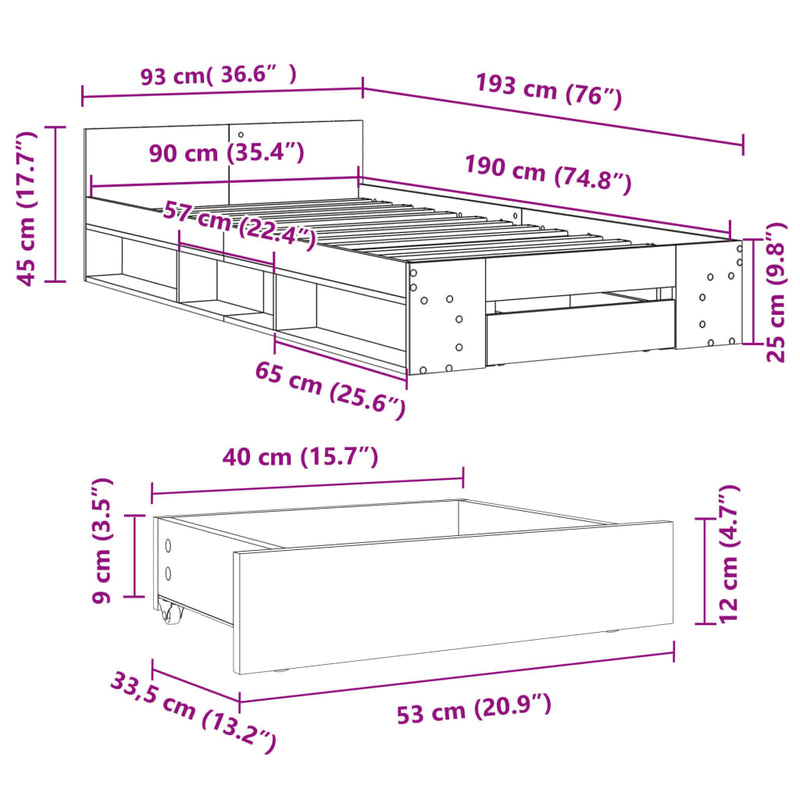 vidaXL betonszürke szerelt fa ágykeret fiókkal 90 x 190 cm