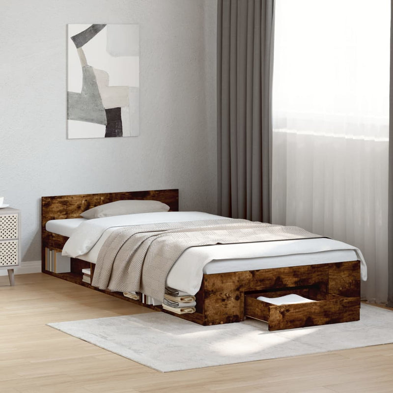 vidaXL füstös tölgy színű szerelt fa ágykeret fiókkal 100 x 200 cm
