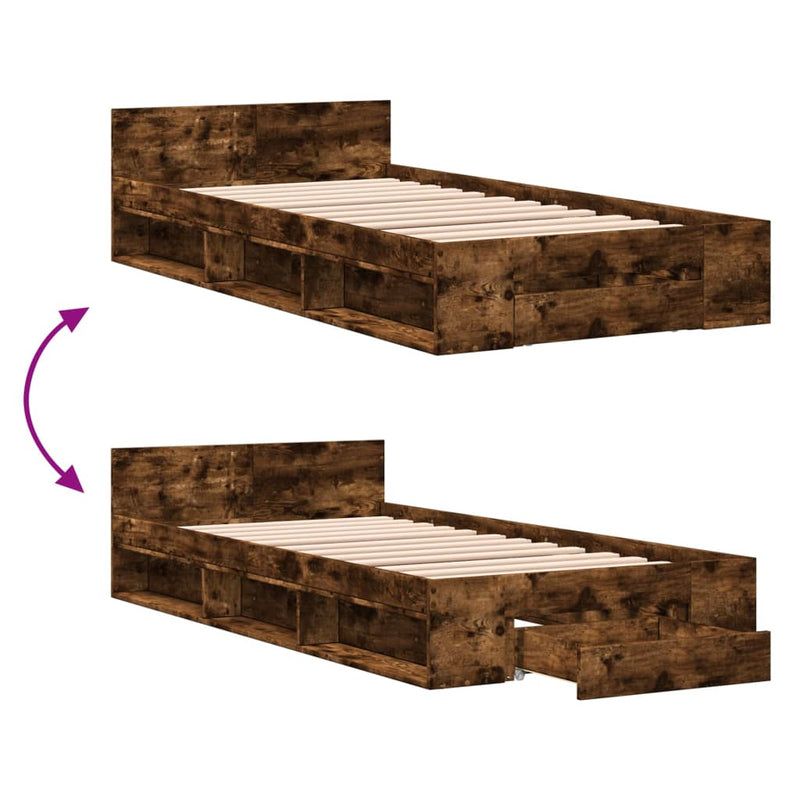 vidaXL füstös tölgy színű szerelt fa ágykeret fiókkal 100 x 200 cm