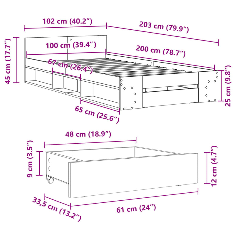 vidaXL füstös tölgy színű szerelt fa ágykeret fiókkal 100 x 200 cm