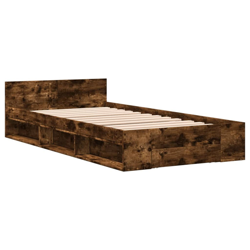 vidaXL füstös tölgy színű szerelt fa ágykeret fiókkal 90 x 200 cm