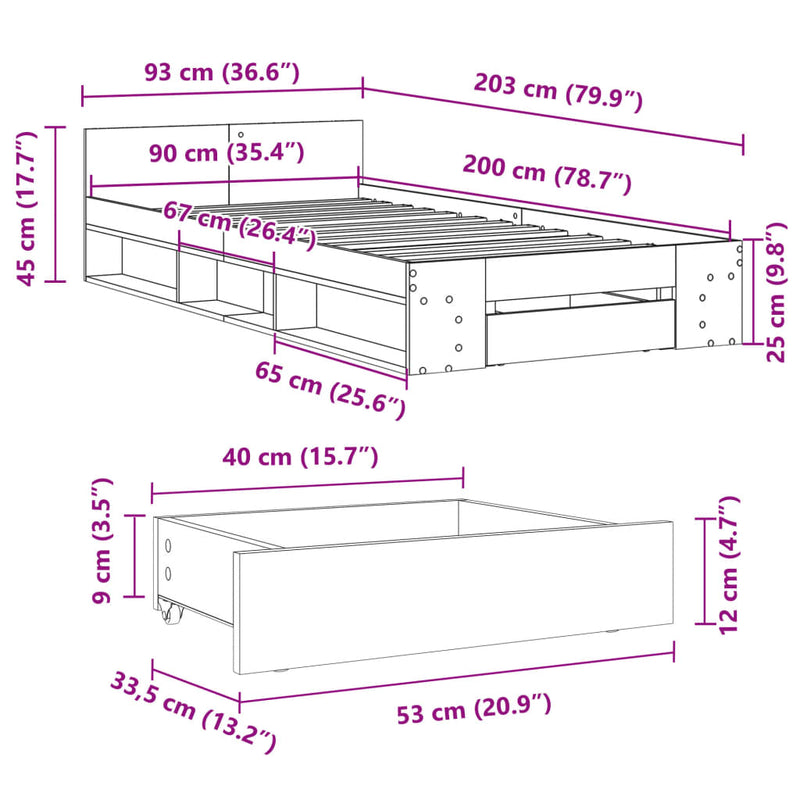 vidaXL füstös tölgy színű szerelt fa ágykeret fiókkal 90 x 200 cm