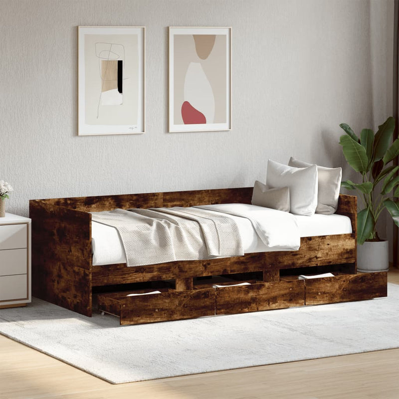 vidaXL füstös tölgy kanapéágy fiókkal matrac nélkül 100x200 cm