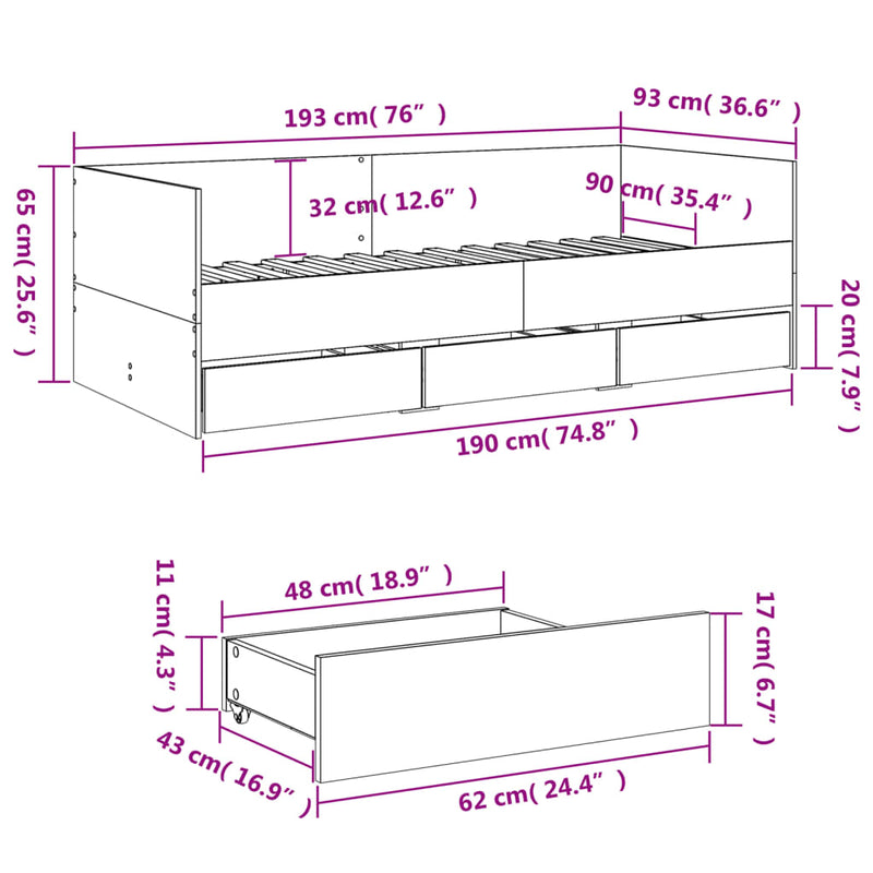 vidaXL fekete kanapéágy fiókkal matrac nélkül 90x190 cm