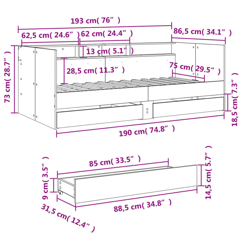 vidaXL sonoma tölgy kanapéágy fiókkal matrac nélkül 75x190 cm