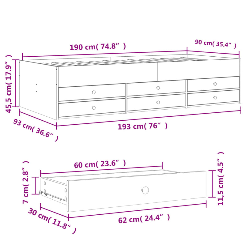 vidaXL betonszürke kanapéágy fiókkal matrac nélkül 90x190 cm